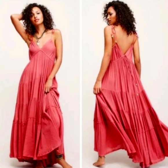 Free People Cosmico Maxi Endless Summer V Neck Sleeveless Dress Gauze Pink Red M - Picture 1 of 13